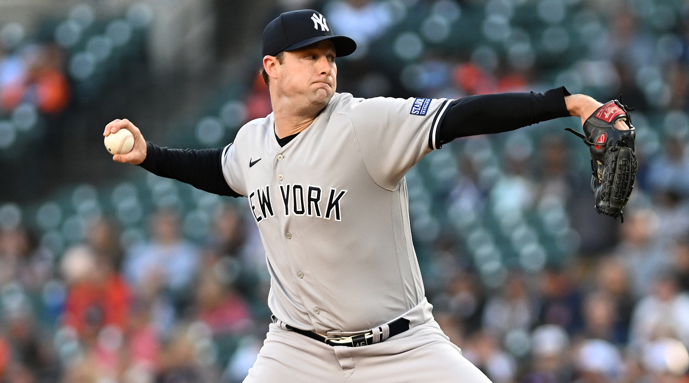 New York Yankees pitcher Gerrit Cole throws a pitch against the Detroit Tigers.